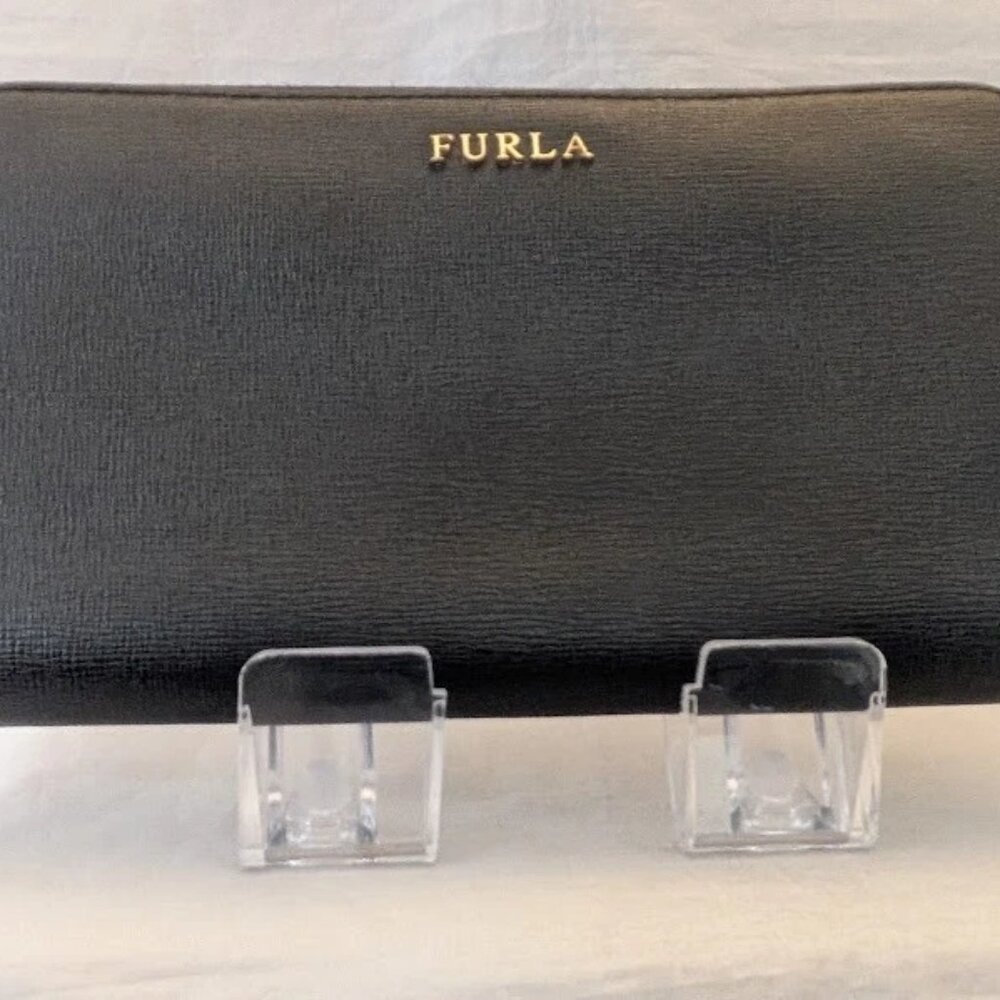 FURLA Saffiano Leather Zip-Around Long Wallet – Black Gold Logo – Italy EUC